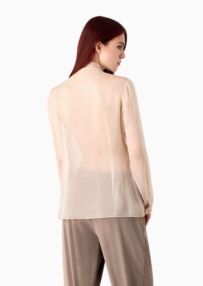 Beige Emporio Armani Icon Silk Chiffon Shirt With Foulard Collar And Oversized Knitwear-effect Print | EA-SN56919