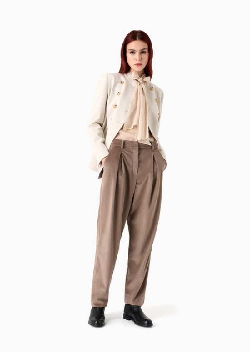 Beige Emporio Armani Icon Silk Chiffon Shirt With Foulard Collar And Oversized Knitwear-effect Print | EA-SN56919