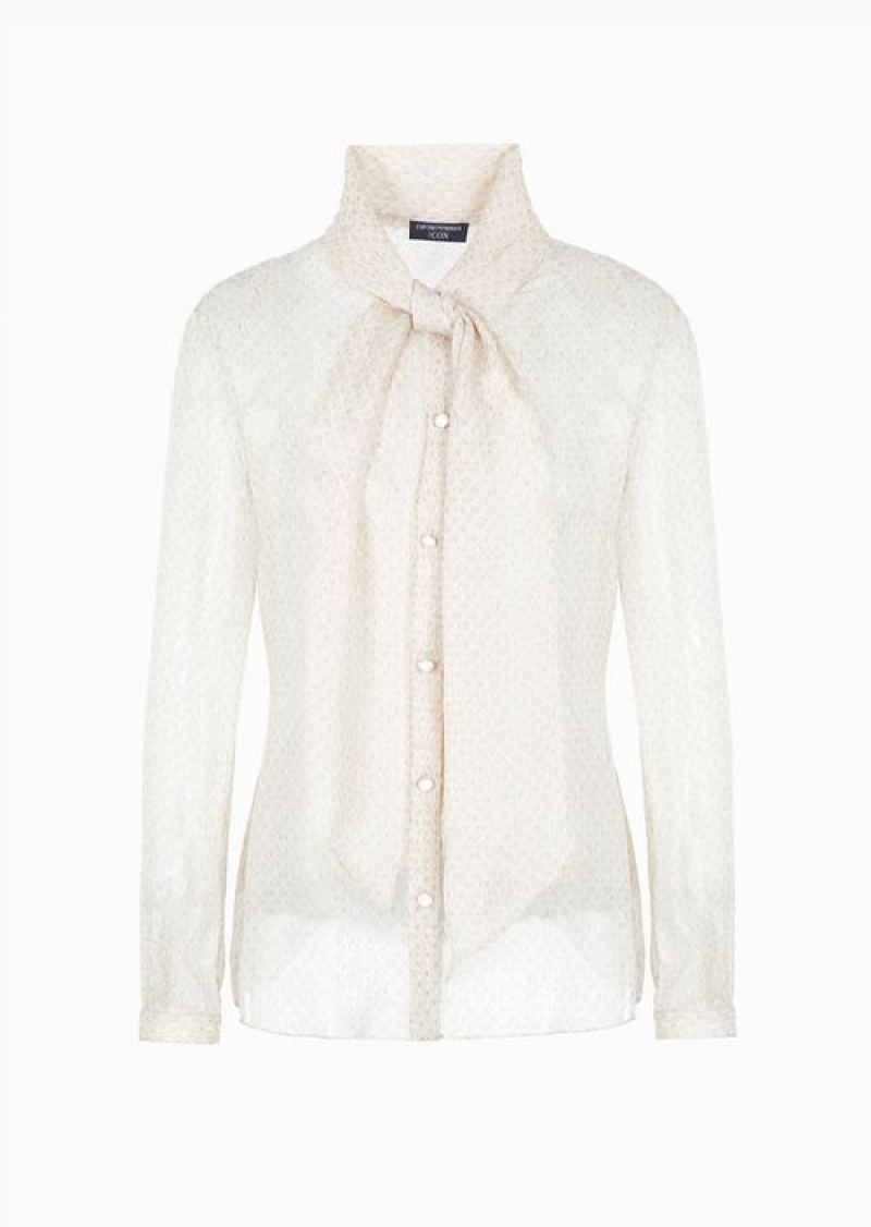 Beige Emporio Armani Icon Silk Chiffon Shirt With Foulard Collar And Oversized Knitwear-effect Print | EA-SN56919