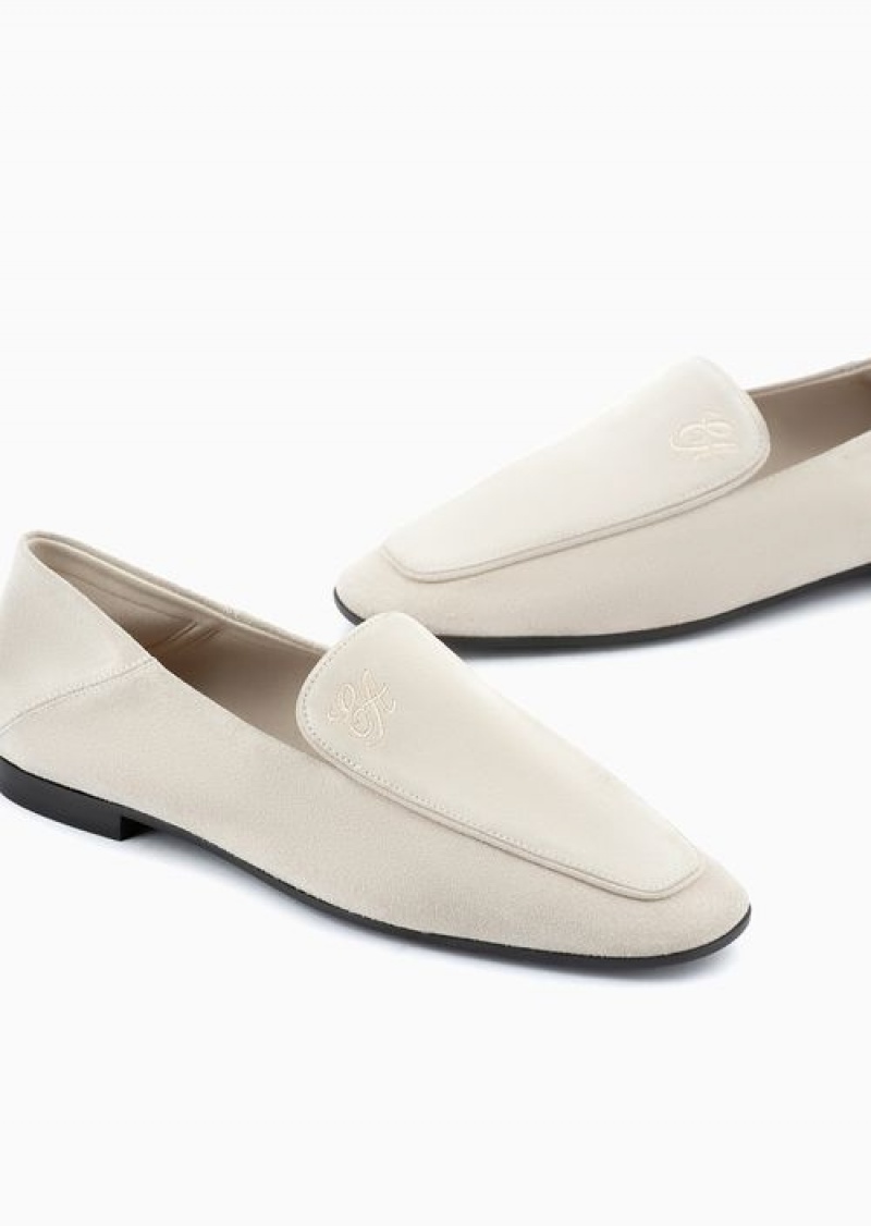 Beige Emporio Armani Icon Velour-leather Loafers | EA-SN57122