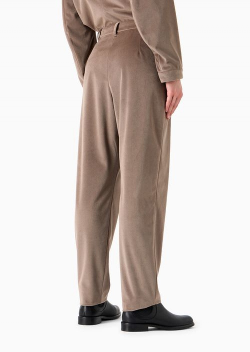 Beige Emporio Armani Icon Velvet-effect Tricotine Trousers With Darts | EA-SN56804