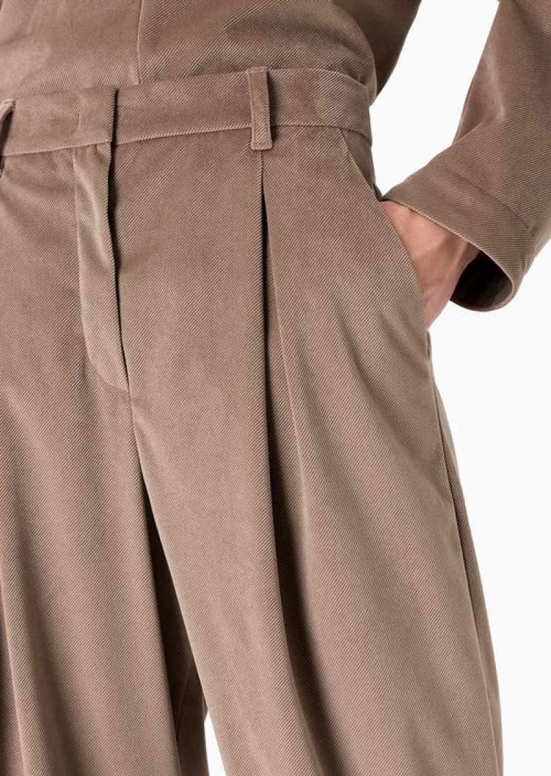 Beige Emporio Armani Icon Velvet-effect Tricotine Trousers With Darts | EA-SN56804