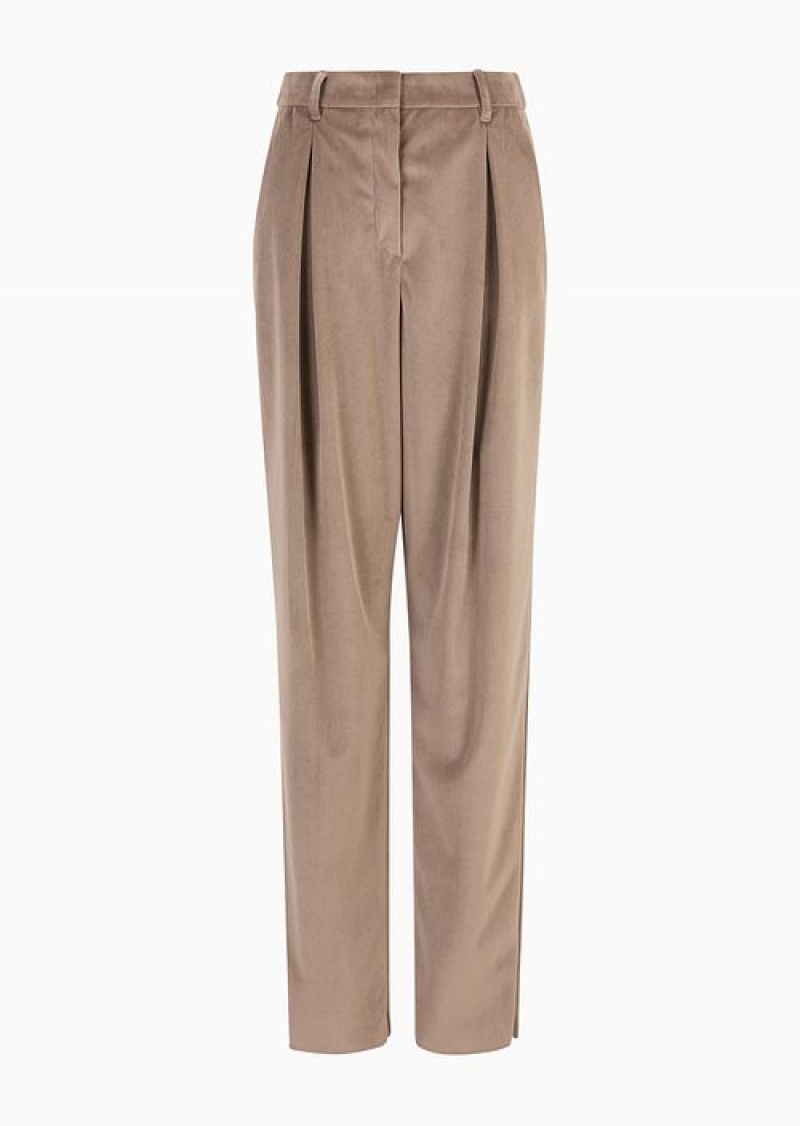 Beige Emporio Armani Icon Velvet-effect Tricotine Trousers With Darts | EA-SN56804