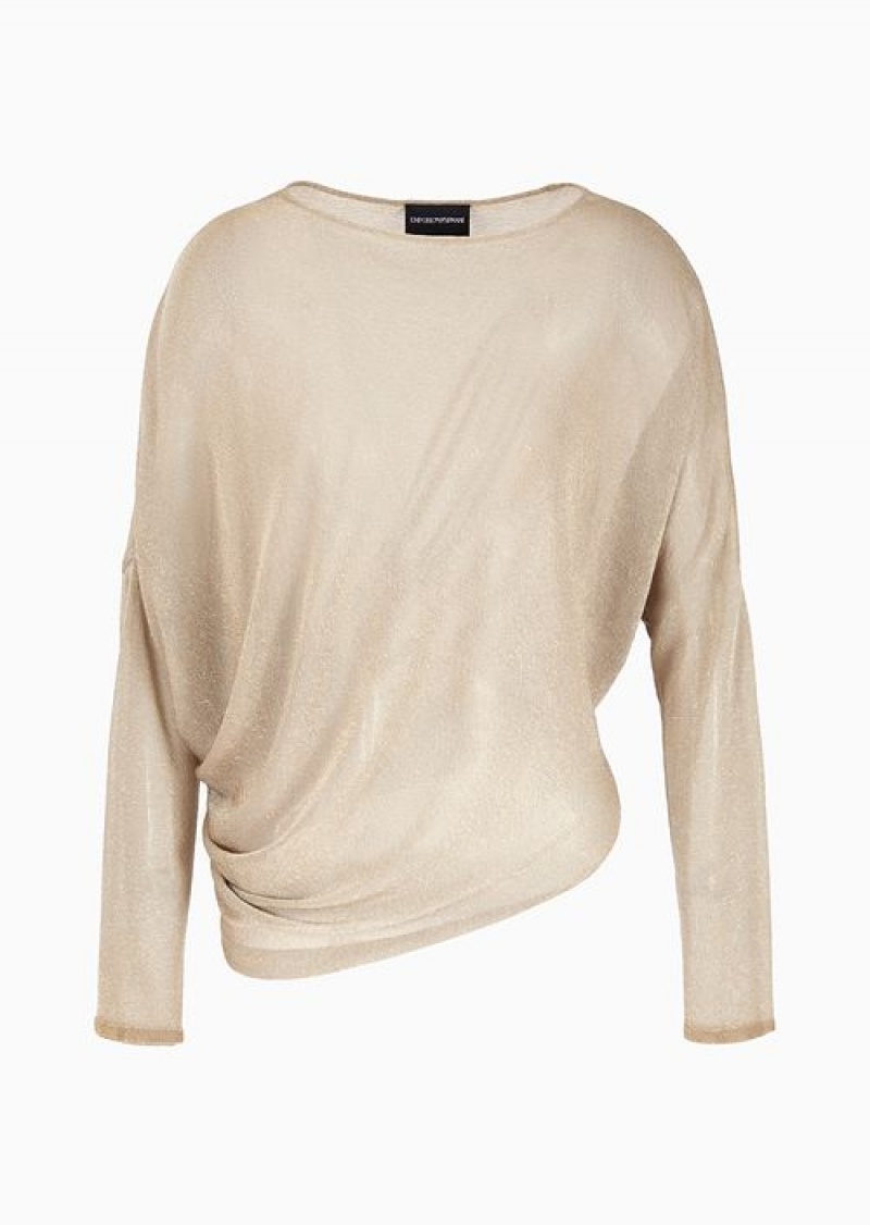 Beige Emporio Armani Jumper With Asymmetric Hem And Draping In Sheer Lurex | EA-SN56686