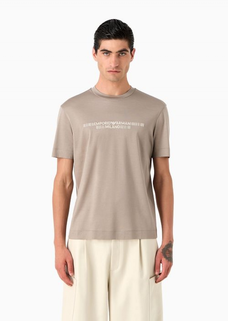 Beige Emporio Armani Lyocell-blend Jersey T-shirt With Asv Logo Raised Embroidery | EA-SN58598