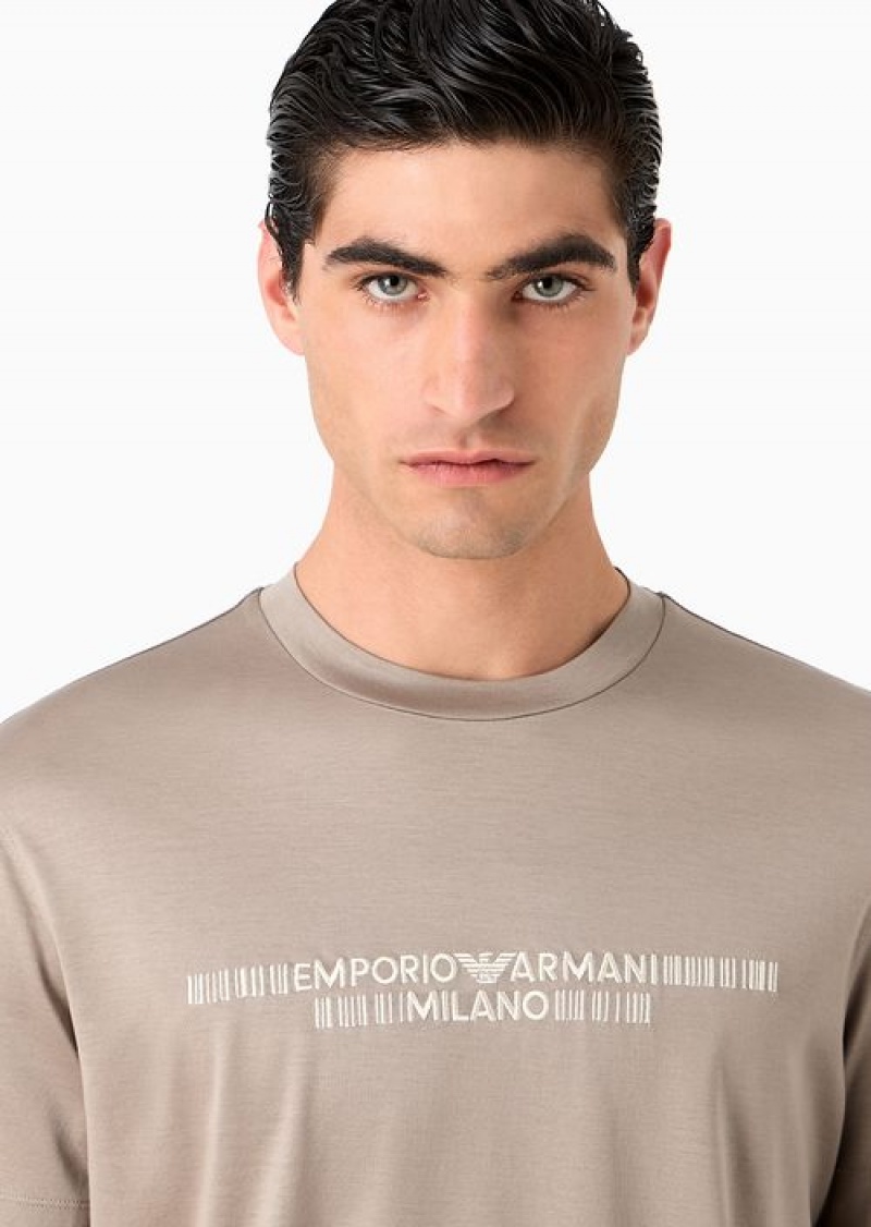 Beige Emporio Armani Lyocell-blend Jersey T-shirt With Asv Logo Raised Embroidery | EA-SN58598