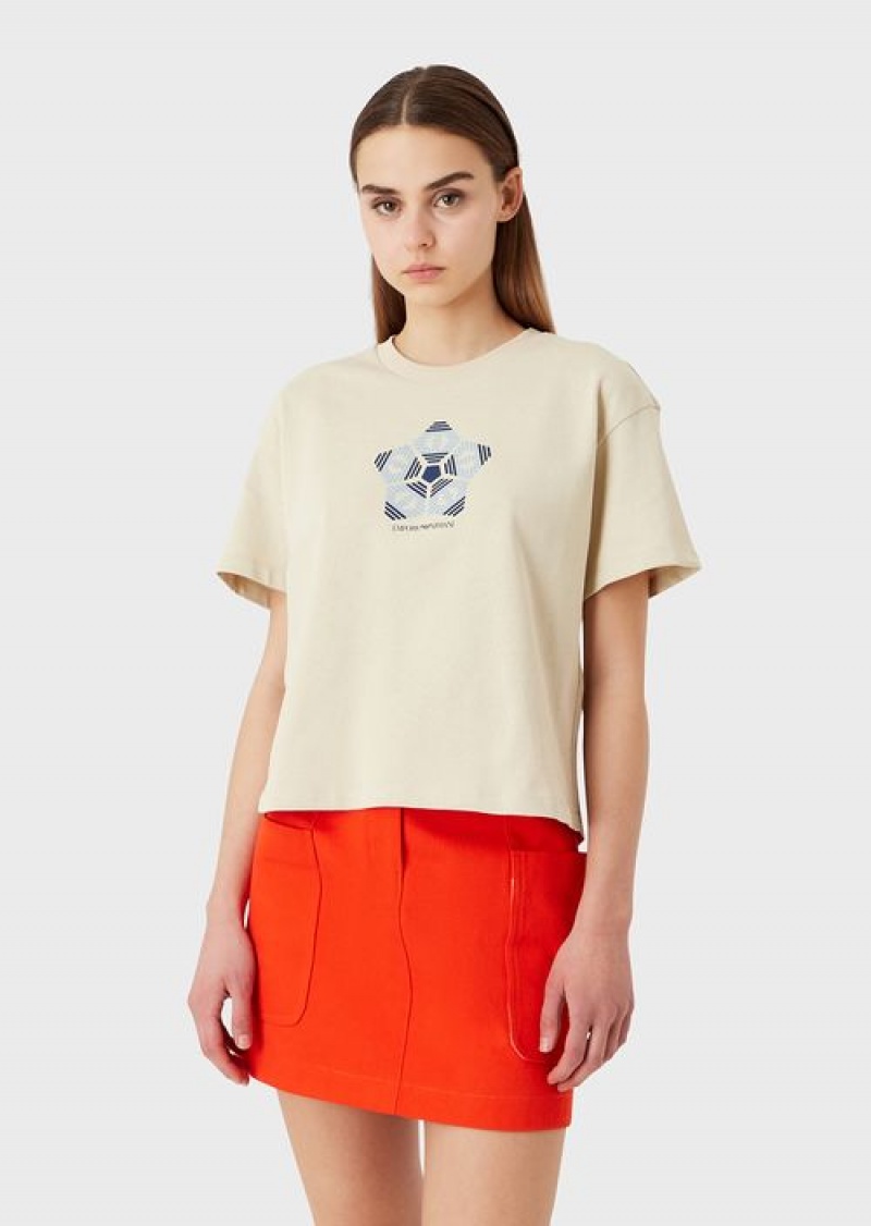 Beige Emporio Armani Organic American Jersey T-shirt With Sustainable Collection Print | EA-SN57058