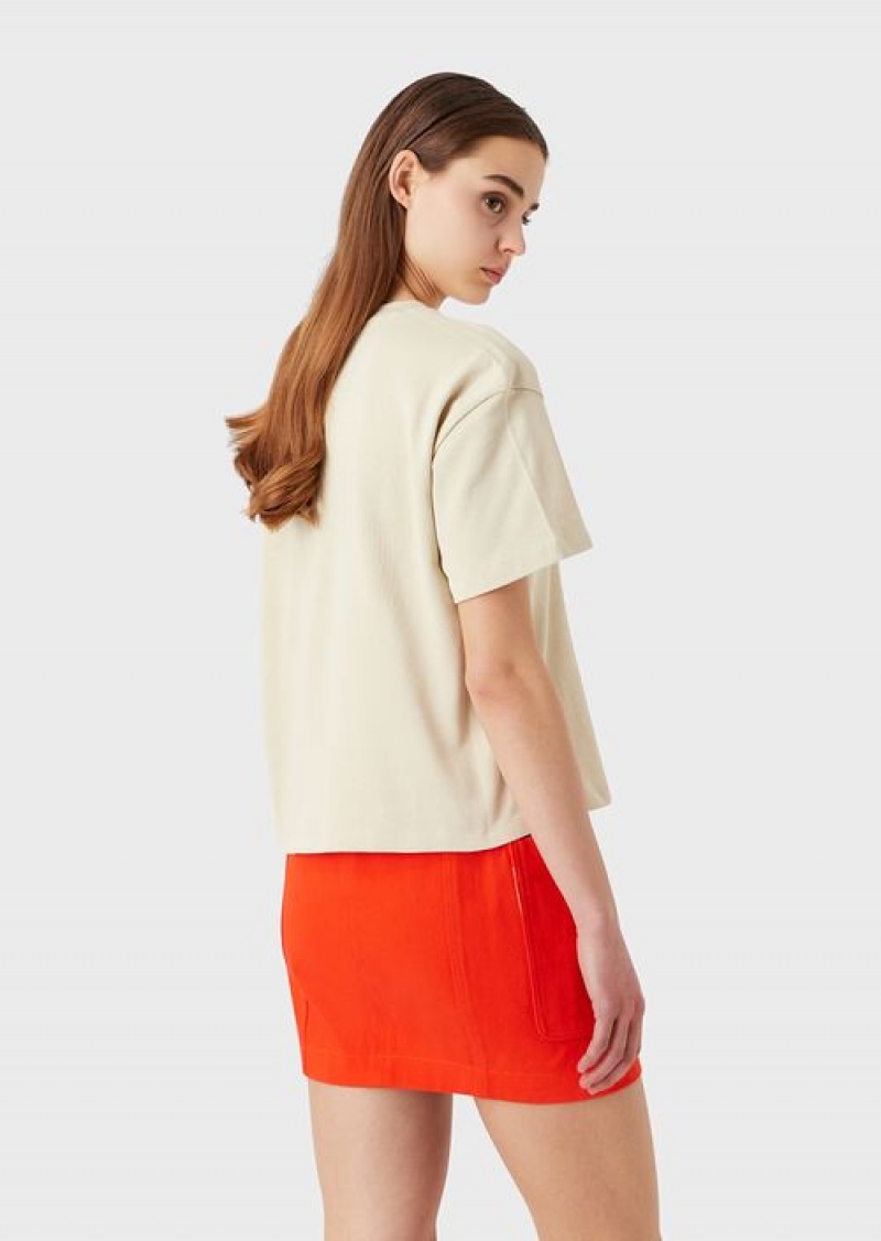 Beige Emporio Armani Organic American Jersey T-shirt With Sustainable Collection Print | EA-SN57058