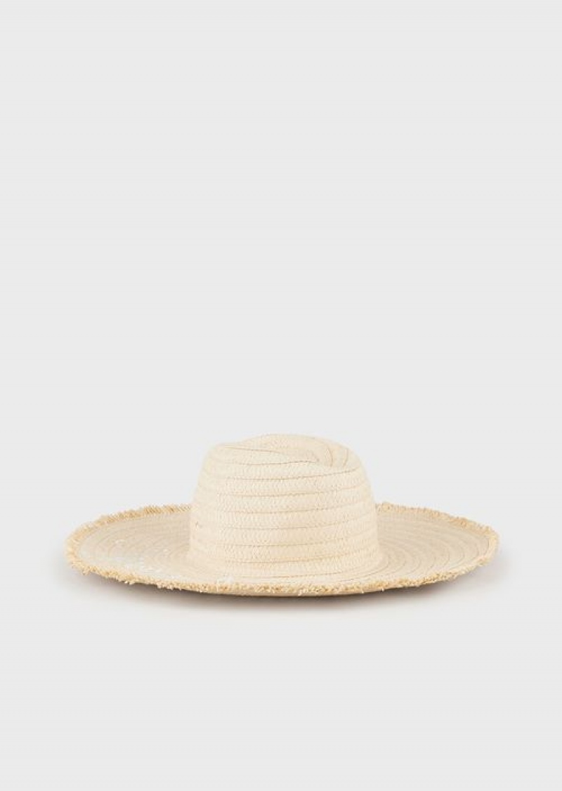 Beige Emporio Armani Paper Yarn Beach Hat With Embroidered Logo | EA-SN59184