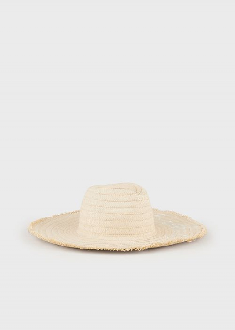 Beige Emporio Armani Paper Yarn Beach Hat With Embroidered Logo | EA-SN59184