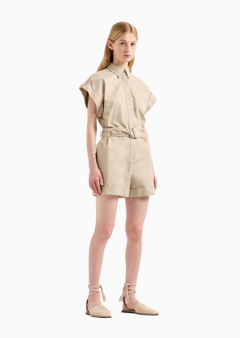 Beige Emporio Armani Pima Cotton Gabardine Short Jumpsuit | EA-SN56561