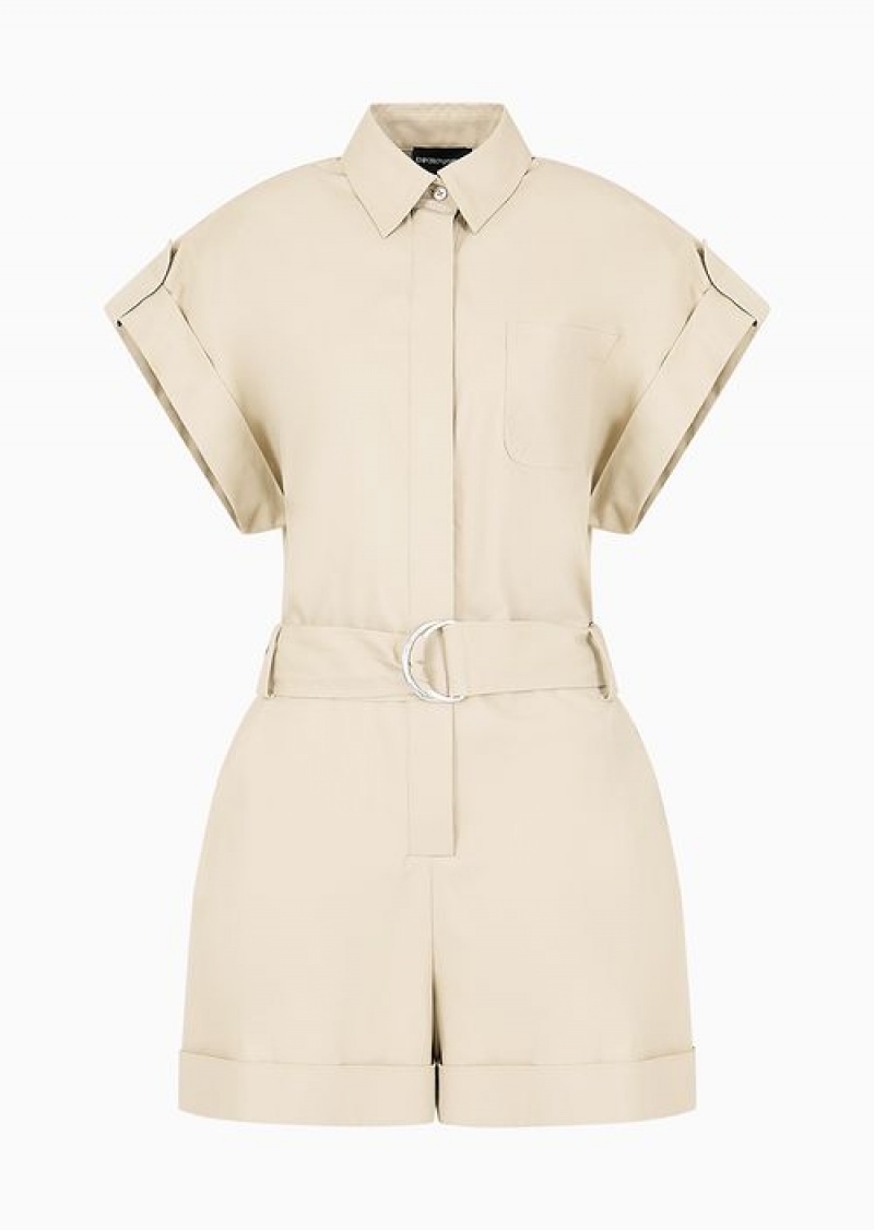 Beige Emporio Armani Pima Cotton Gabardine Short Jumpsuit | EA-SN56561