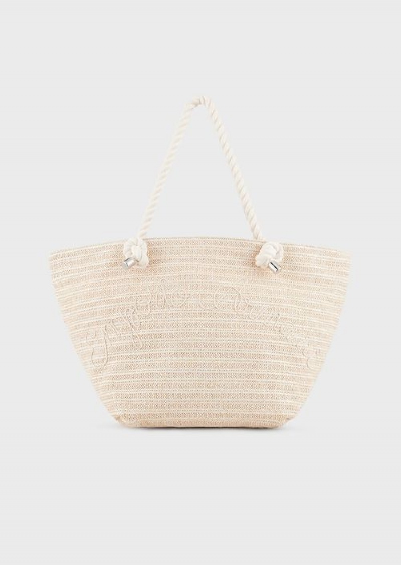 Beige Emporio Armani Raffia Beach Shopper Bag With Logo Embroidery | EA-SN57248