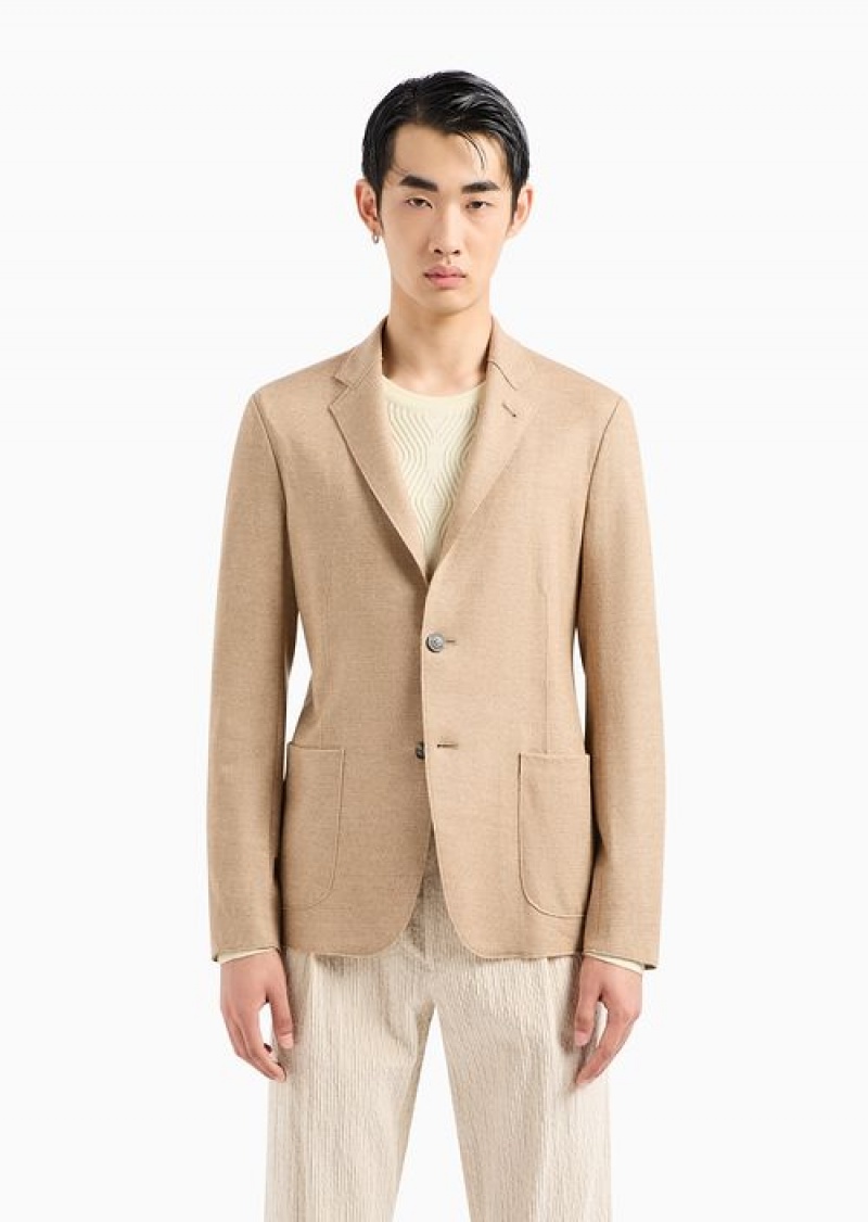 Beige Emporio Armani Raw-cut, Virgin-wool Jersey, Single-breasted Jacket | EA-SN57788