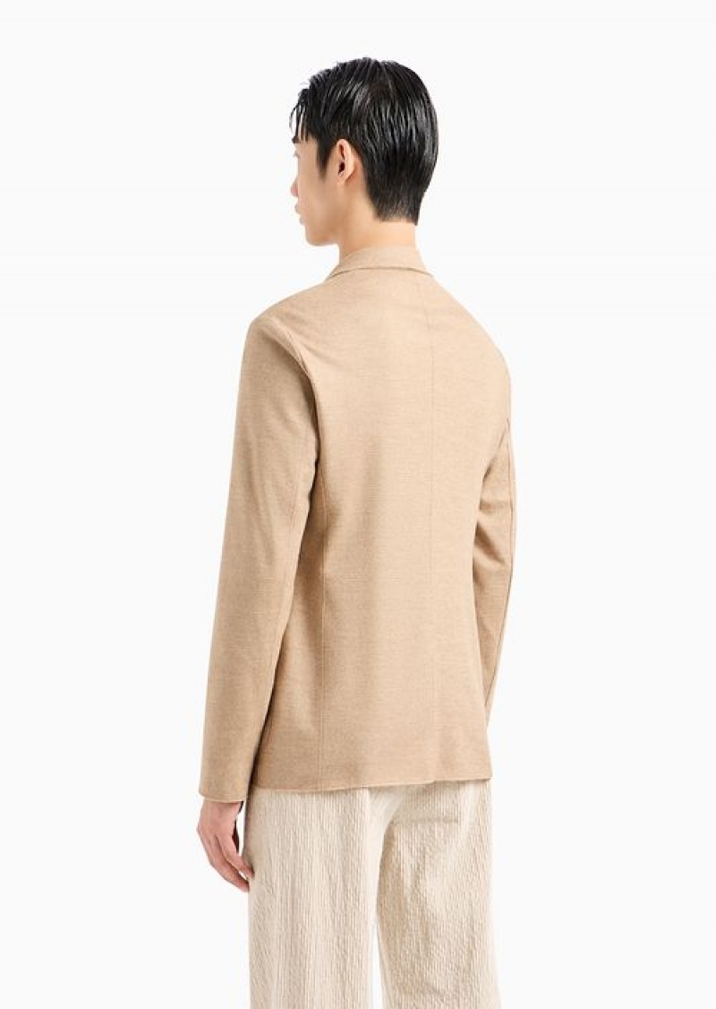 Beige Emporio Armani Raw-cut, Virgin-wool Jersey, Single-breasted Jacket | EA-SN57788