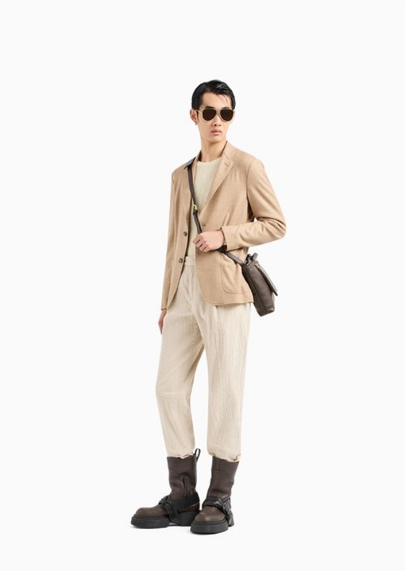 Beige Emporio Armani Raw-cut, Virgin-wool Jersey, Single-breasted Jacket | EA-SN57788