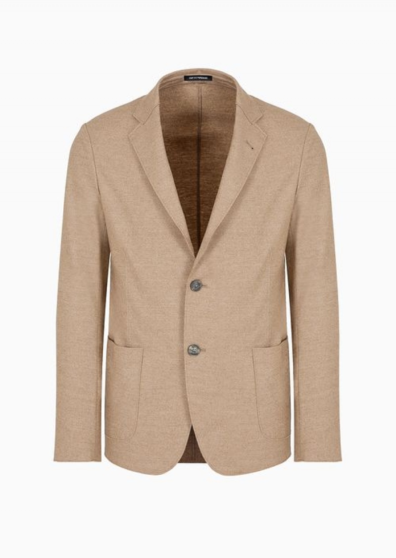 Beige Emporio Armani Raw-cut, Virgin-wool Jersey, Single-breasted Jacket | EA-SN57788