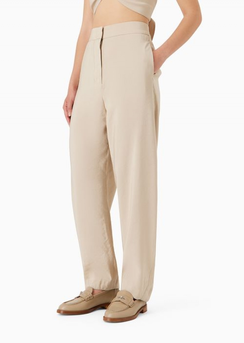 Beige Emporio Armani Regular-fit Trousers In A Flowing, Washed Matte Fabric | EA-SN56892