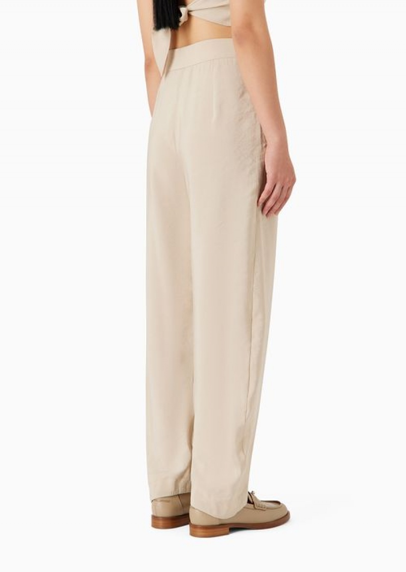 Beige Emporio Armani Regular-fit Trousers In A Flowing, Washed Matte Fabric | EA-SN56892