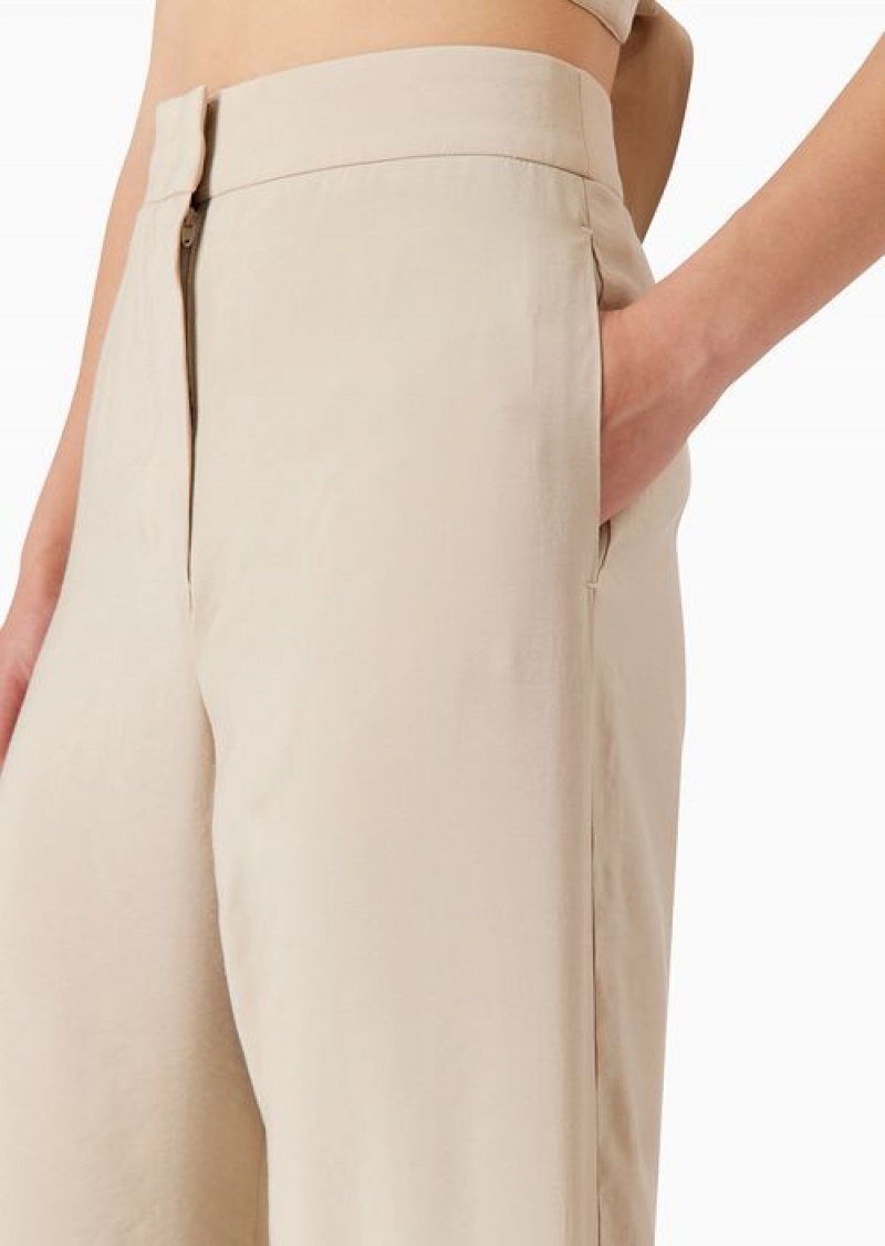 Beige Emporio Armani Regular-fit Trousers In A Flowing, Washed Matte Fabric | EA-SN56892