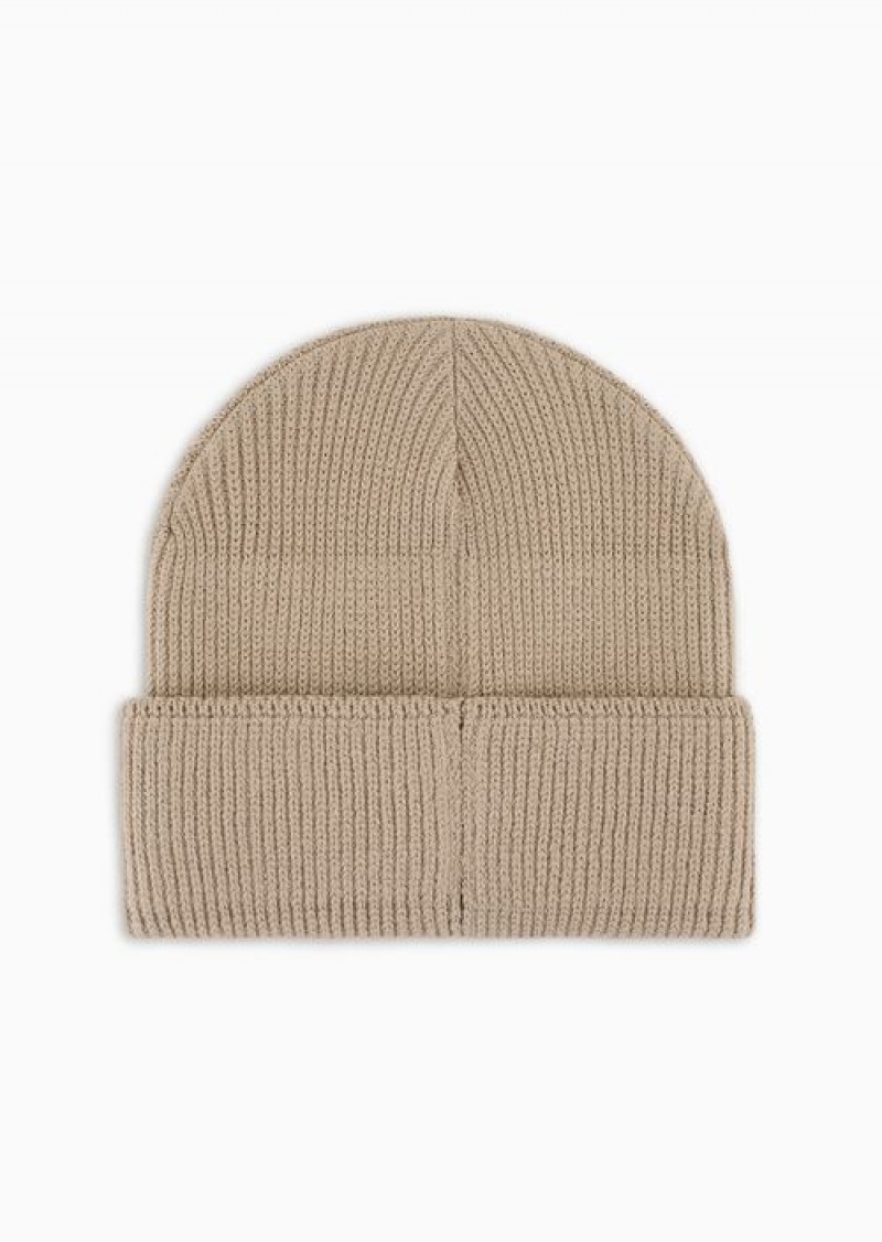 Beige Emporio Armani Ribbed Wool-blend Beanie With Oversized Jacquard Eagle | EA-SN59175