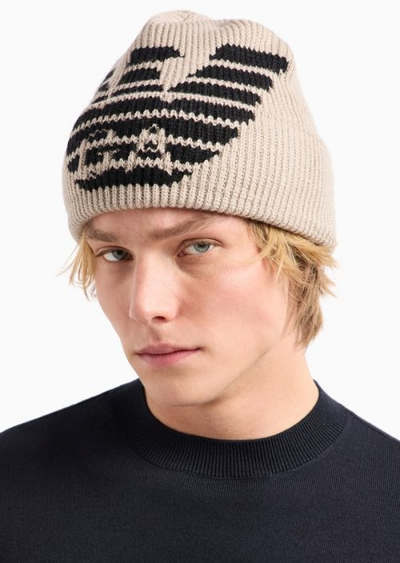 Beige Emporio Armani Ribbed Wool-blend Beanie With Oversized Jacquard Eagle | EA-SN59175