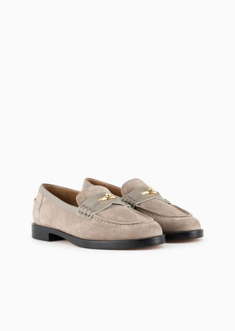 Beige Emporio Armani Suede Icon Loafers With Leather Details | EA-SN57131