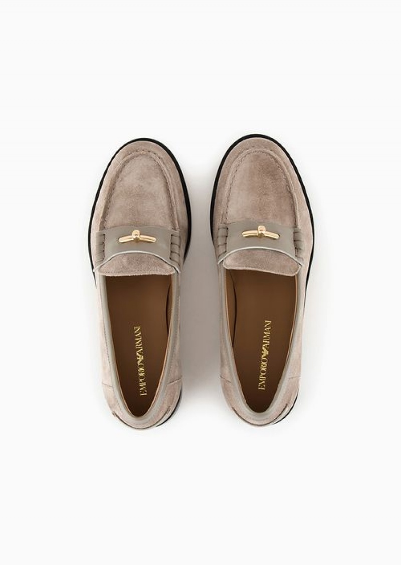 Beige Emporio Armani Suede Icon Loafers With Leather Details | EA-SN57131