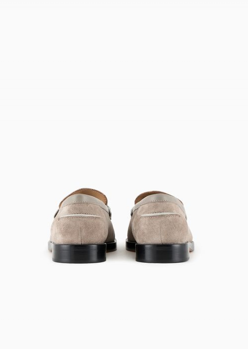 Beige Emporio Armani Suede Icon Loafers With Leather Details | EA-SN57131