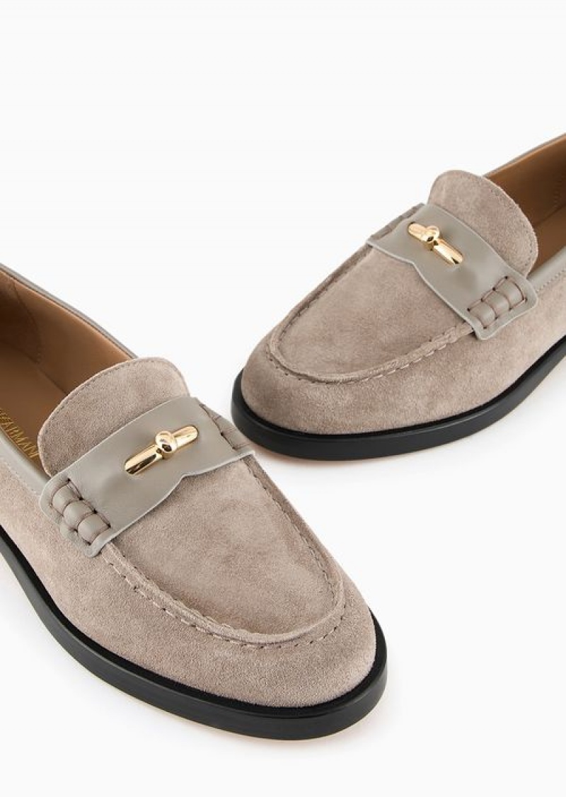 Beige Emporio Armani Suede Icon Loafers With Leather Details | EA-SN57131