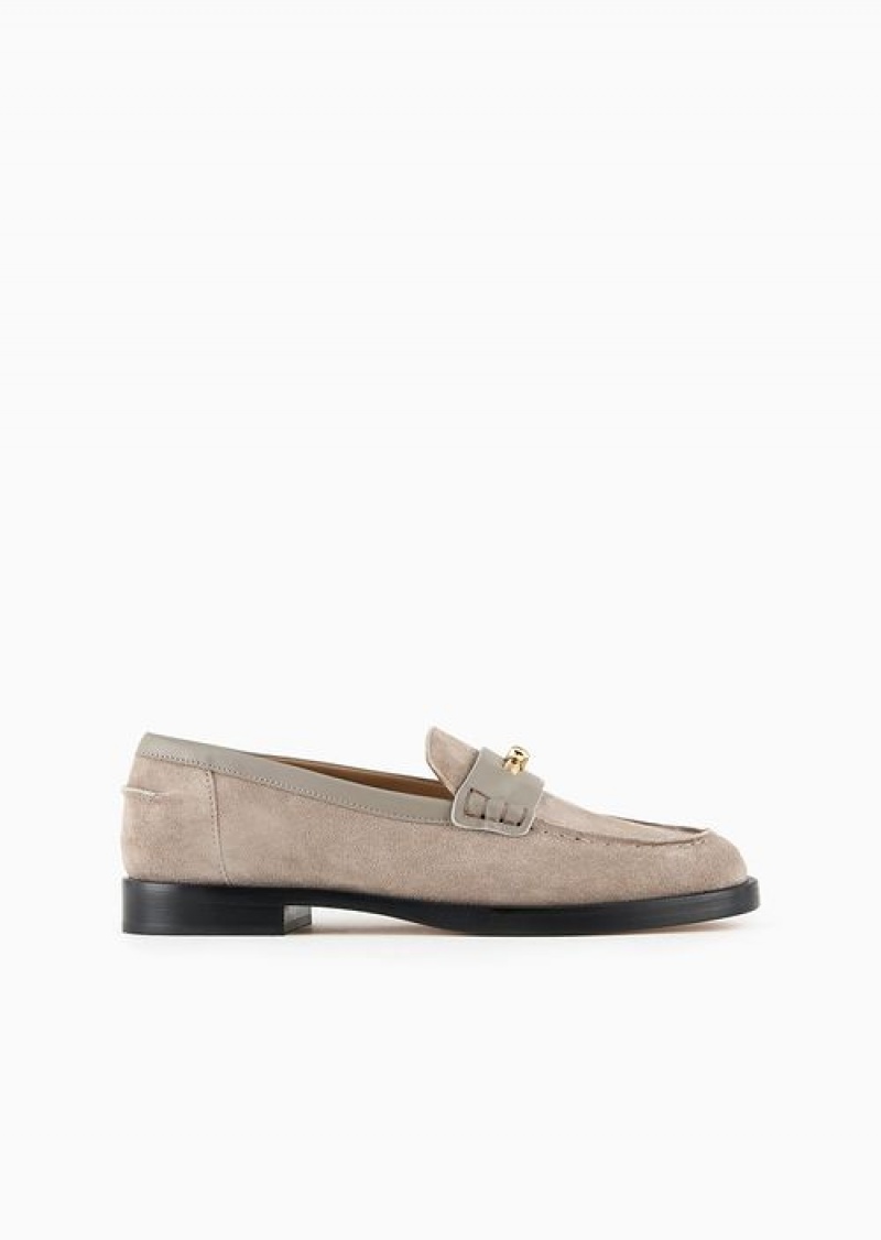 Beige Emporio Armani Suede Icon Loafers With Leather Details | EA-SN57131