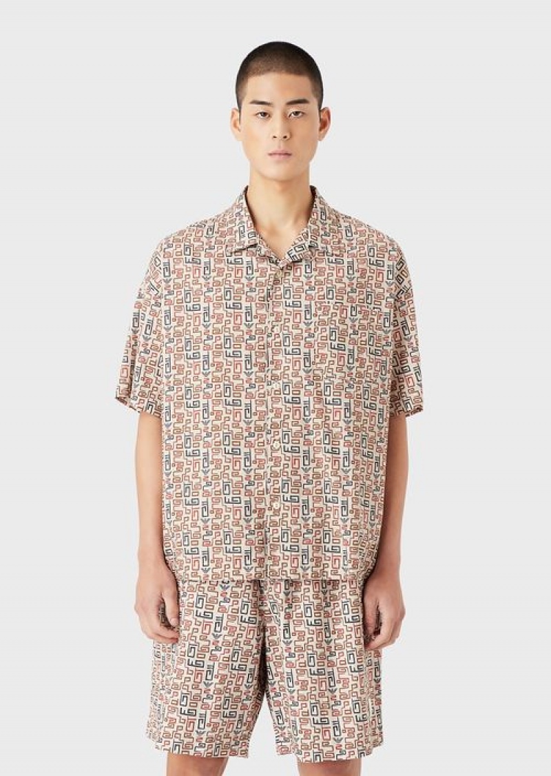 Beige Emporio Armani Sustainable Collection Organic-muslin Short-sleeved Shirt With All-over Print | EA-SN57851