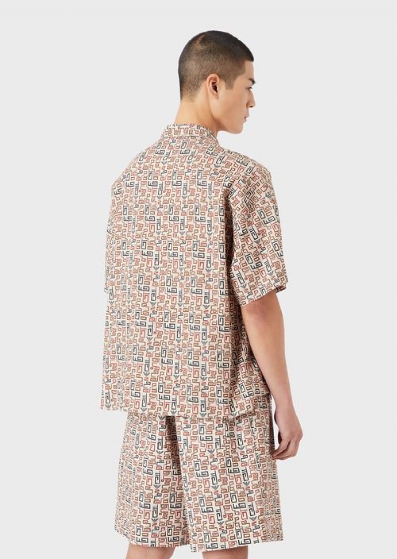 Beige Emporio Armani Sustainable Collection Organic-muslin Short-sleeved Shirt With All-over Print | EA-SN57851