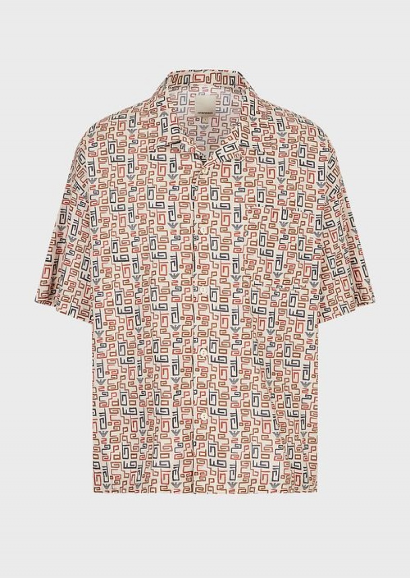 Beige Emporio Armani Sustainable Collection Organic-muslin Short-sleeved Shirt With All-over Print | EA-SN57851