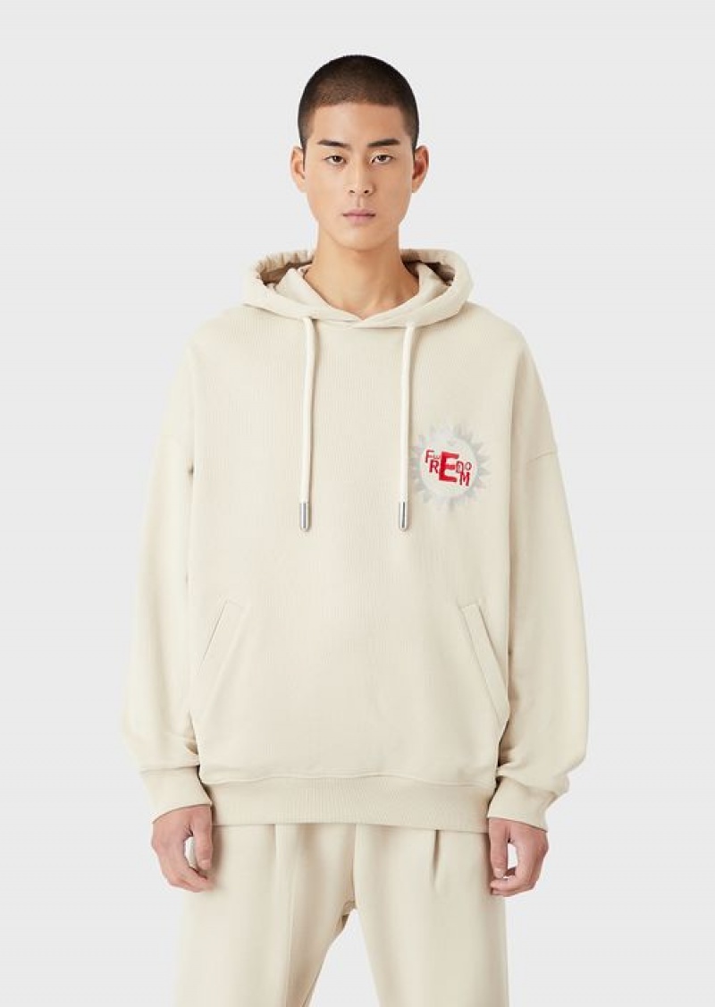 Beige Emporio Armani Sustainable Collection Hooded Sweatshirt With Patch In Peachskin Organic Cotton | EA-SN58527