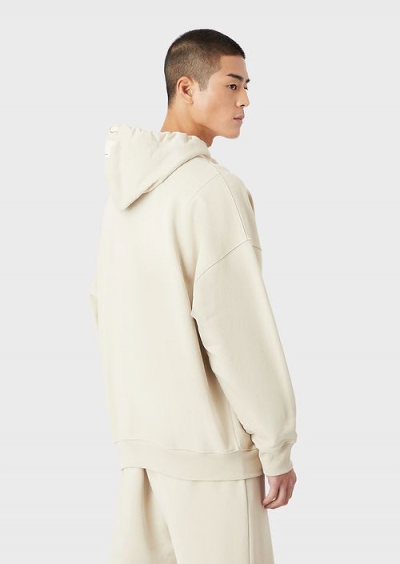 Beige Emporio Armani Sustainable Collection Hooded Sweatshirt With Patch In Peachskin Organic Cotton | EA-SN58527