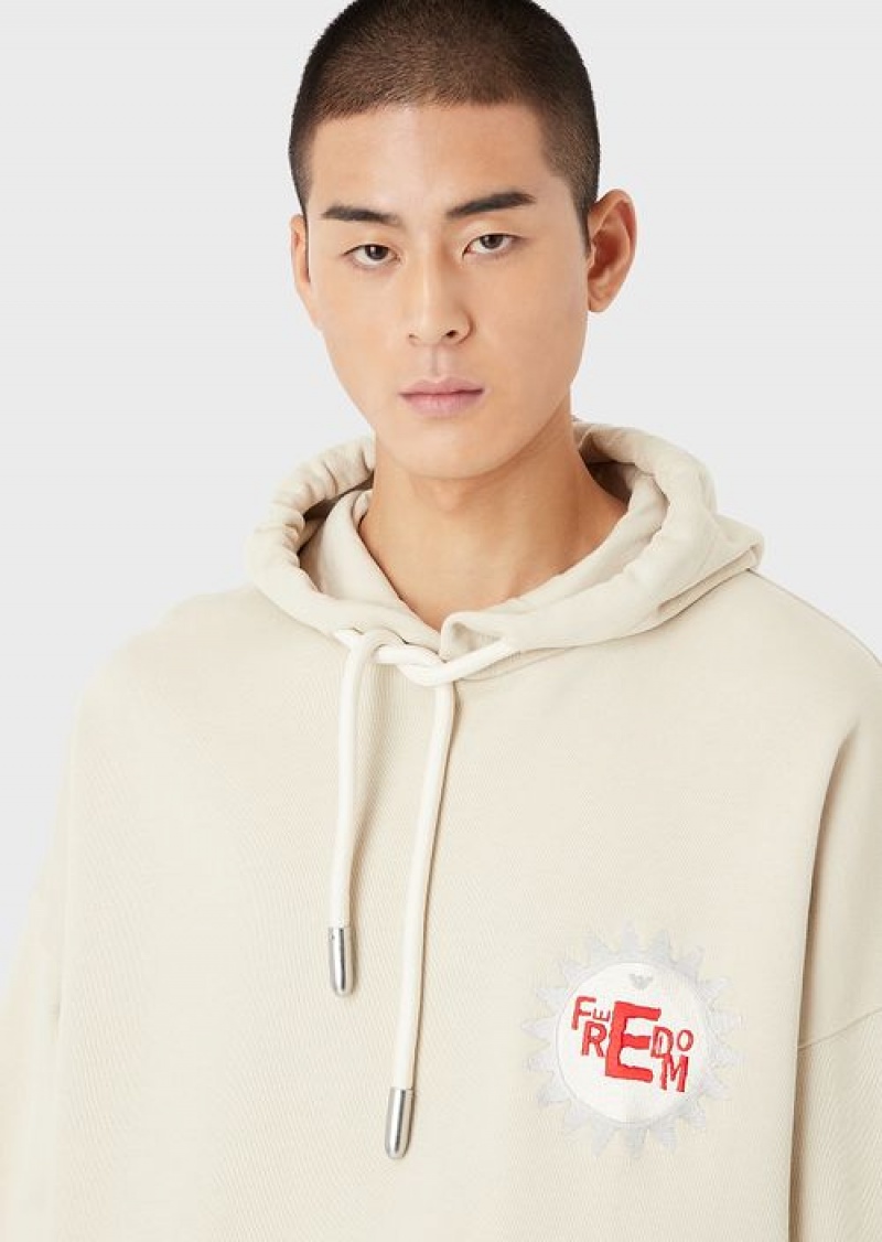 Beige Emporio Armani Sustainable Collection Hooded Sweatshirt With Patch In Peachskin Organic Cotton | EA-SN58527