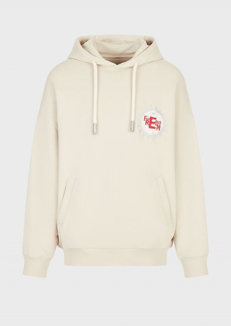 Beige Emporio Armani Sustainable Collection Hooded Sweatshirt With Patch In Peachskin Organic Cotton | EA-SN58527