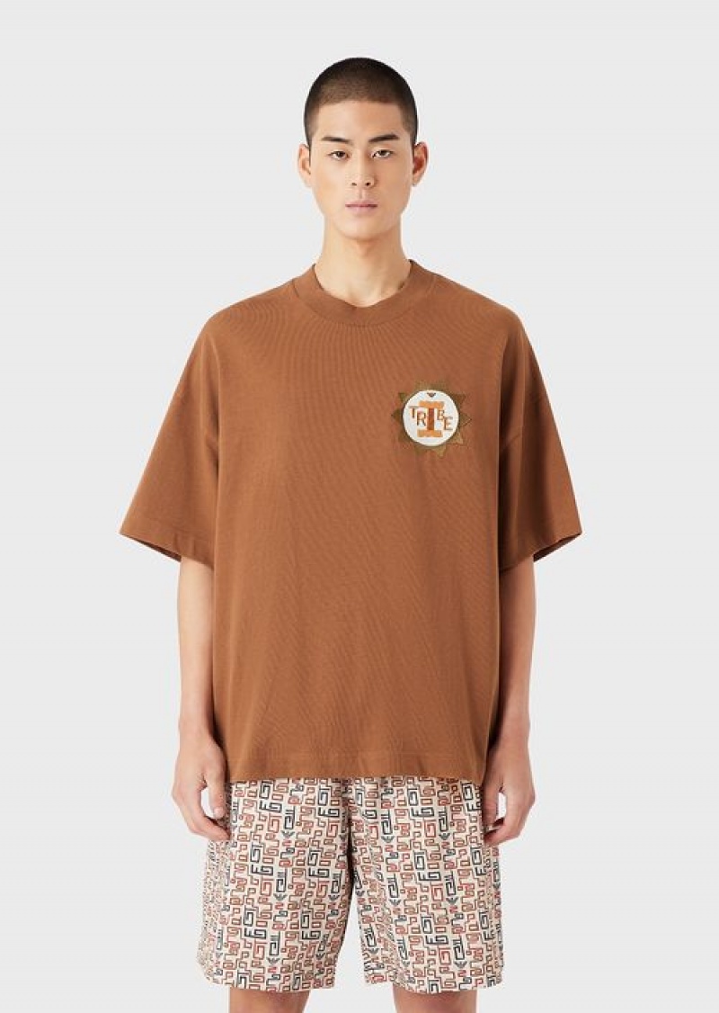 Beige Emporio Armani Sustainable Collection Organic American Jersey T-shirt With Patch | EA-SN58670