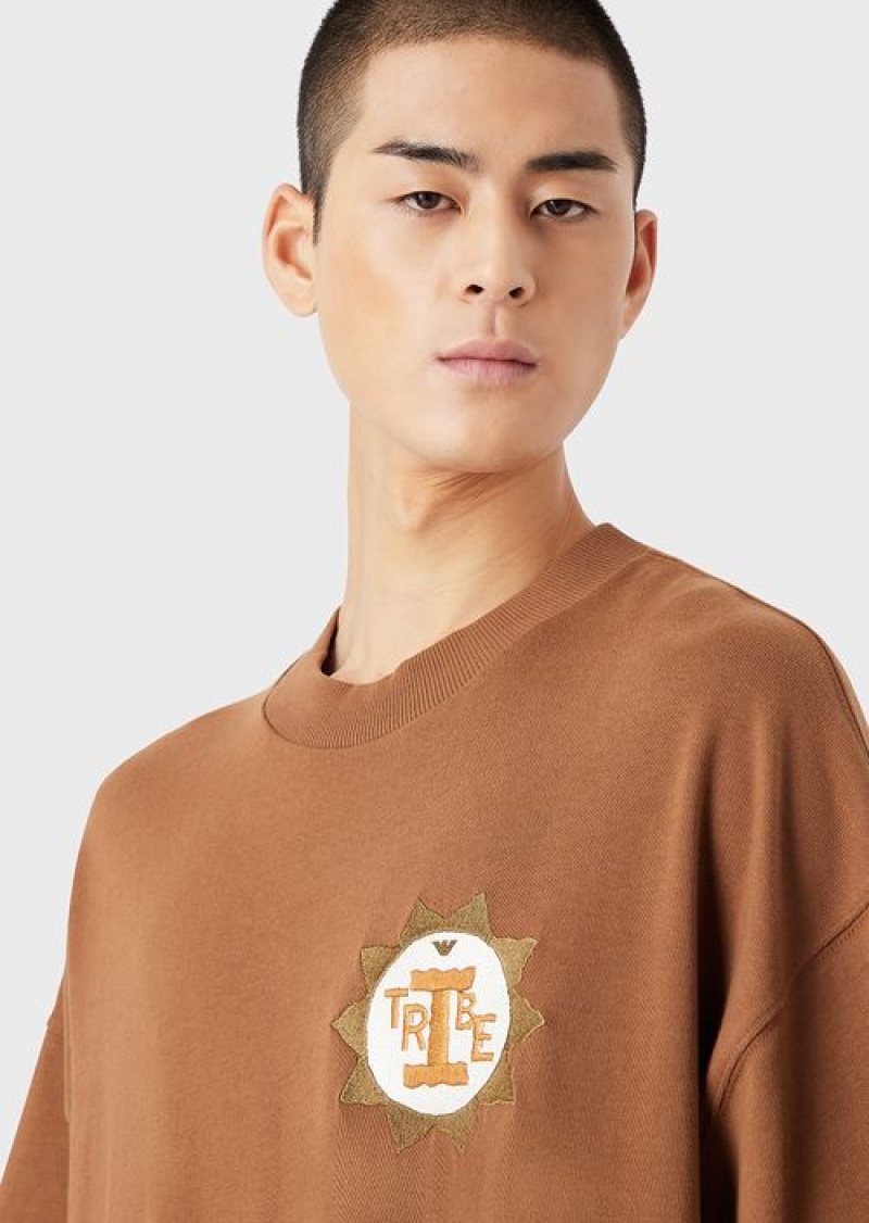 Beige Emporio Armani Sustainable Collection Organic American Jersey T-shirt With Patch | EA-SN58670