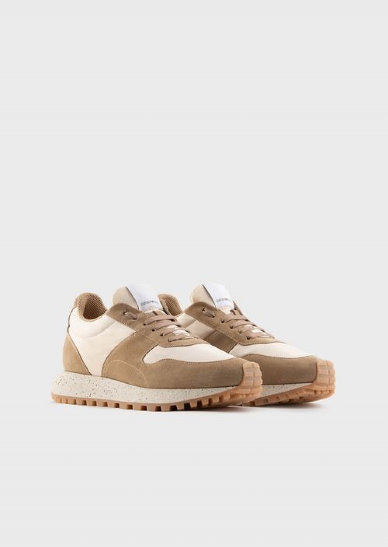 Beige Emporio Armani Sustainable Collection Crust Leather And Eco-nylon Sneakers | EA-SN58932