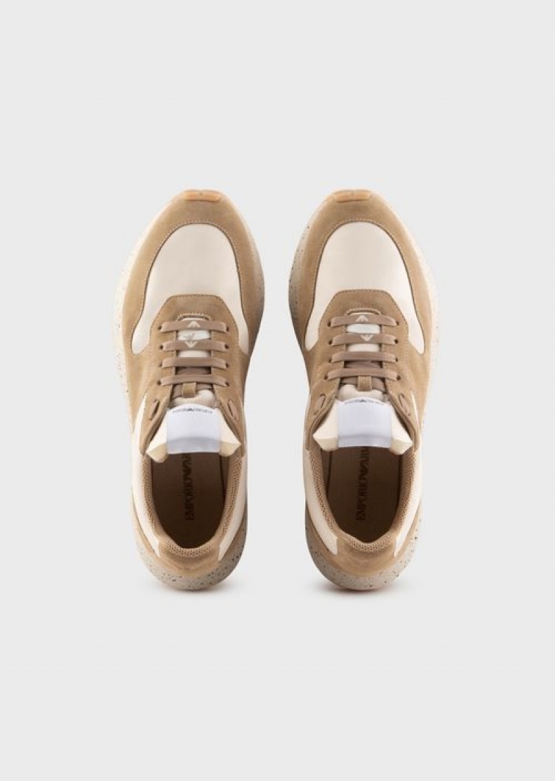 Beige Emporio Armani Sustainable Collection Crust Leather And Eco-nylon Sneakers | EA-SN58932