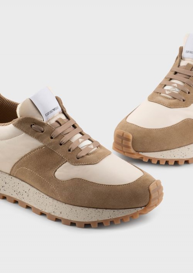 Beige Emporio Armani Sustainable Collection Crust Leather And Eco-nylon Sneakers | EA-SN58932