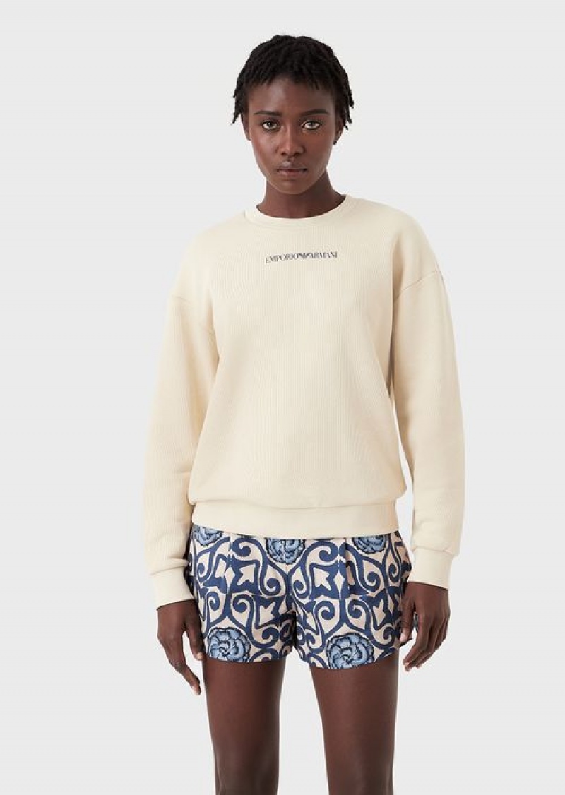 Beige Emporio Armani Sustainable Collection Soft Organic-cotton Sweatshirt With Oversized Print | EA-SN57005