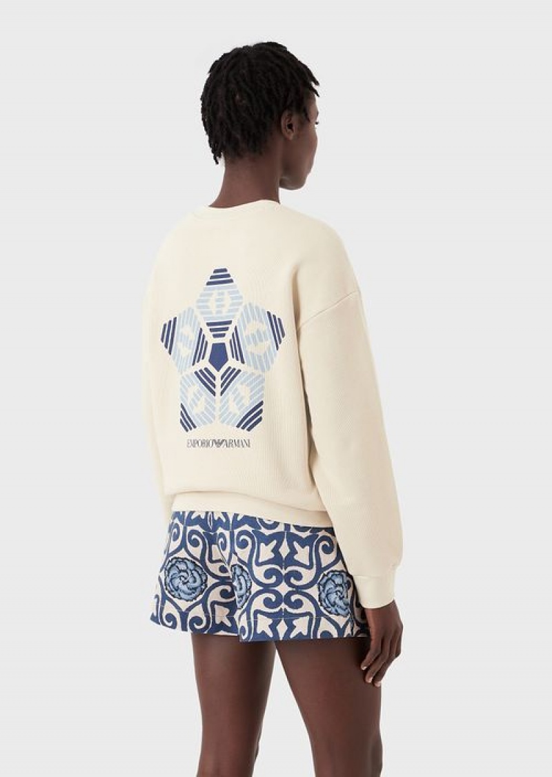 Beige Emporio Armani Sustainable Collection Soft Organic-cotton Sweatshirt With Oversized Print | EA-SN57005