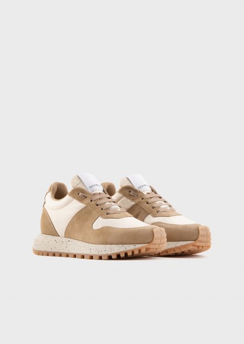 Beige Emporio Armani Sustainable Collection Crust Leather And Eco-nylon Sneakers | EA-SN57185