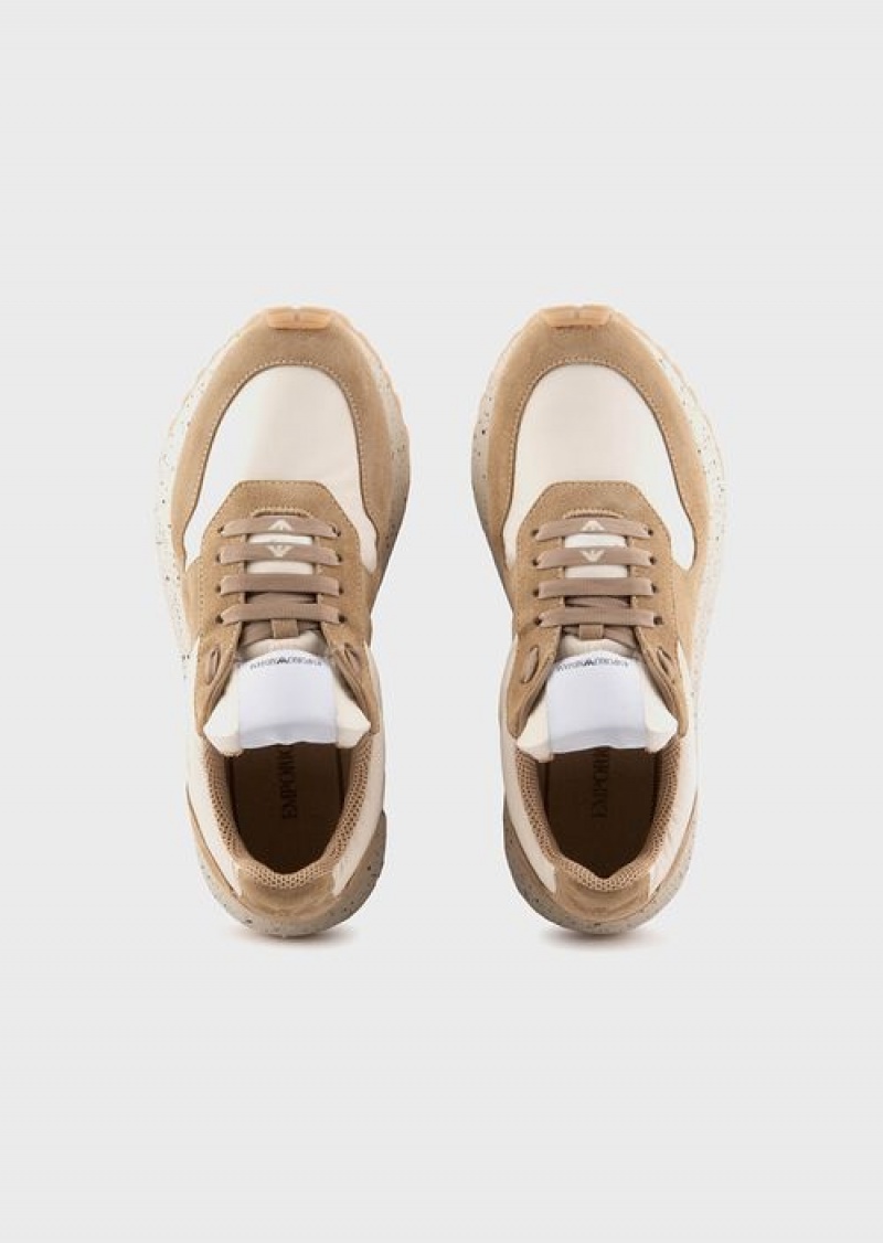 Beige Emporio Armani Sustainable Collection Crust Leather And Eco-nylon Sneakers | EA-SN57185