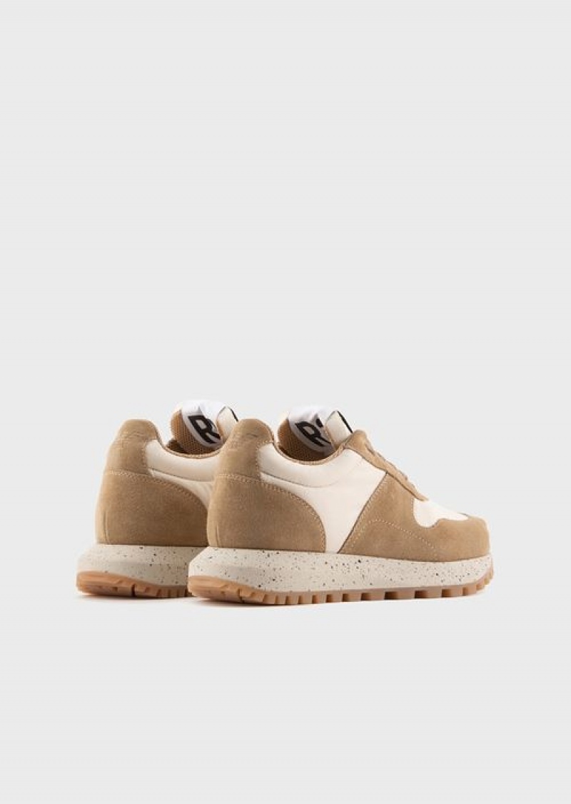 Beige Emporio Armani Sustainable Collection Crust Leather And Eco-nylon Sneakers | EA-SN57185