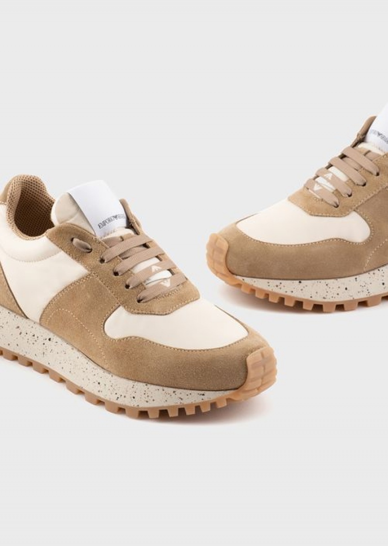 Beige Emporio Armani Sustainable Collection Crust Leather And Eco-nylon Sneakers | EA-SN57185