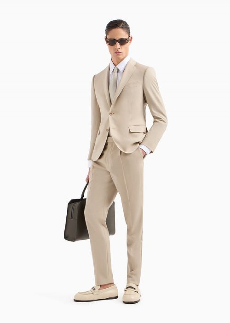 Beige Emporio Armani Trousers With A Side Strap In Natural Stretch Tropical Light Wool | EA-SN58387